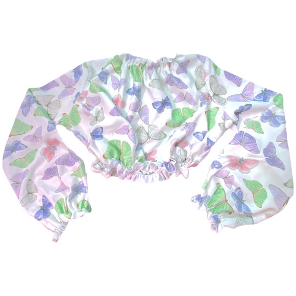 WHITE BUTTERFLY PRINT LONG SLEEVE CROP TOP - Picture 5 of 7